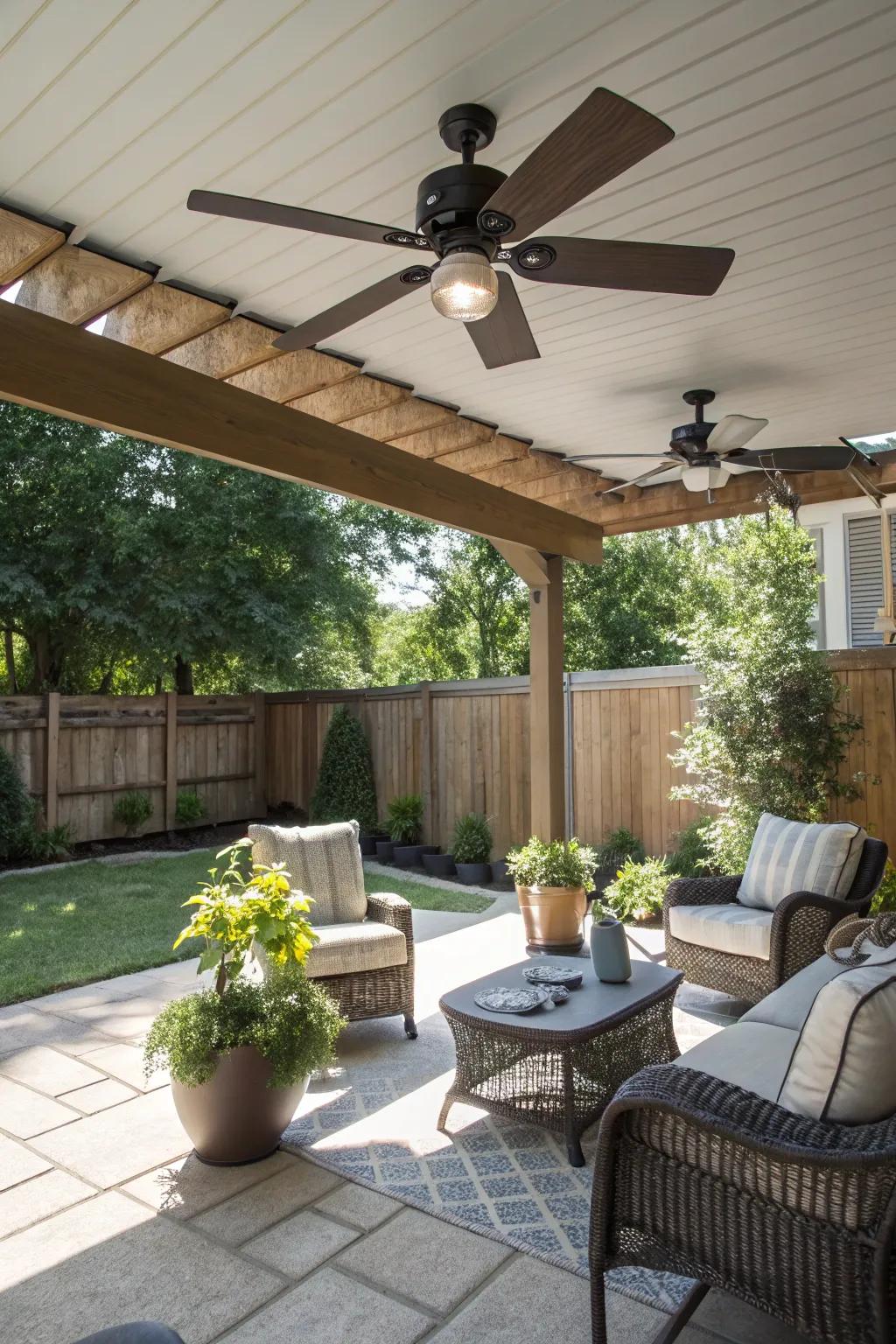 A sustainable deck with a solar-powered ceiling fan.