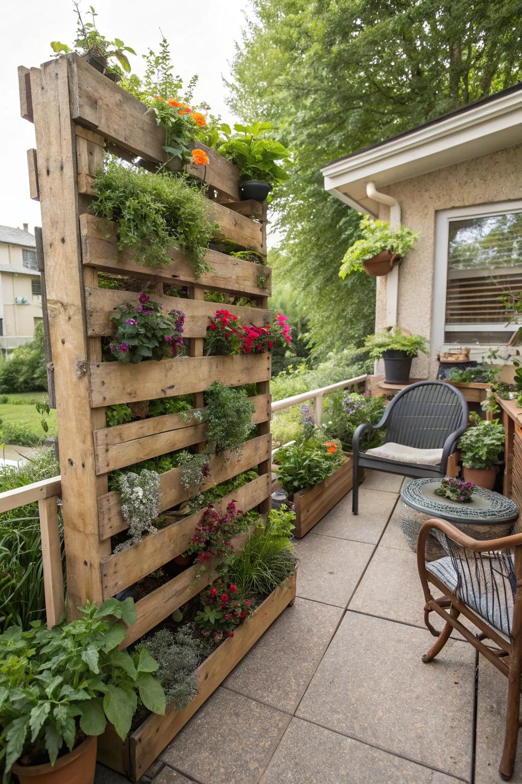 A vertical garden made from pallets adding greenery to a patio.