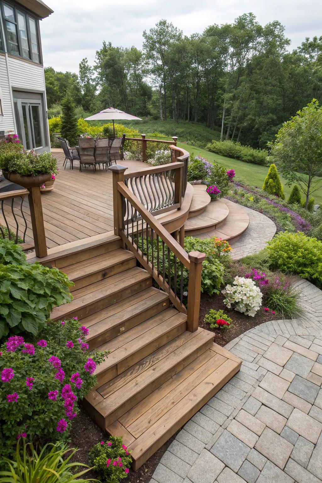 Enclosing steps create an inviting, accessible space.
