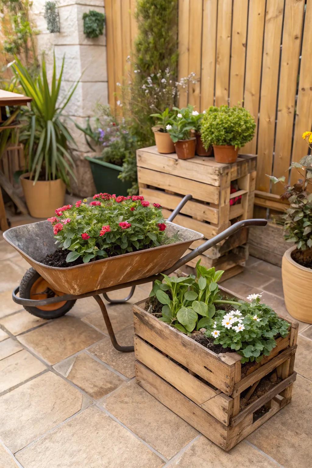 The creative use of recycled containers adds personality to the garden.