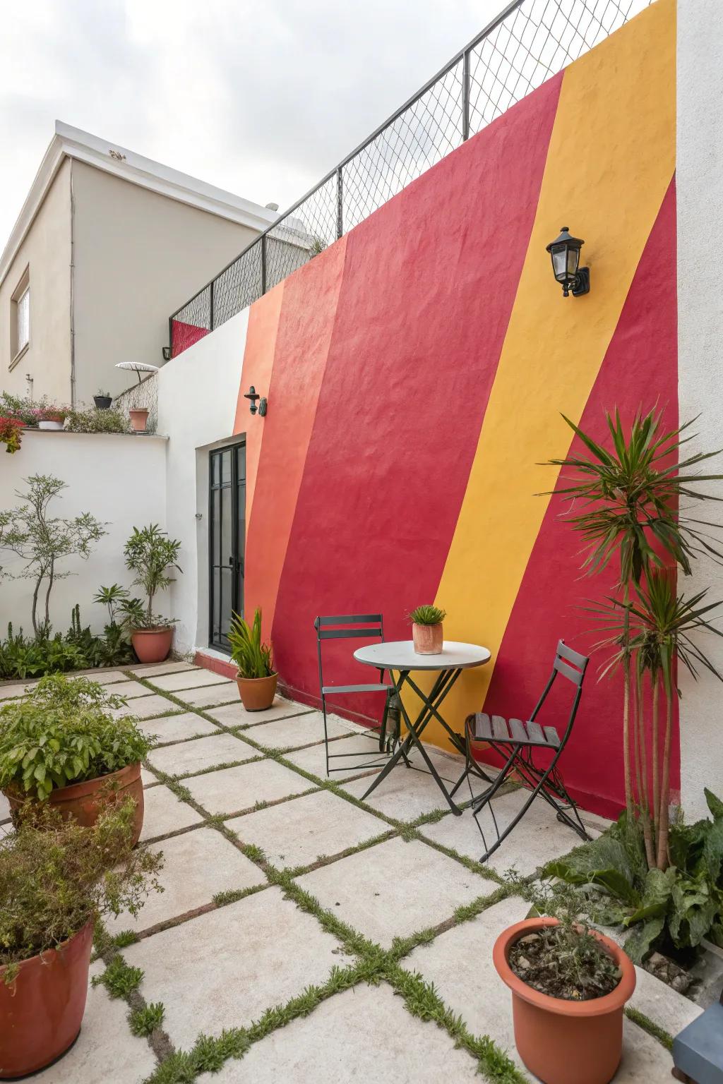 A striking accent color turns the patio wall into a statement piece.