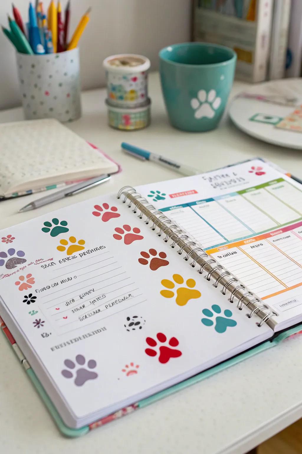 Bright paw print stickers add fun to a planner.
