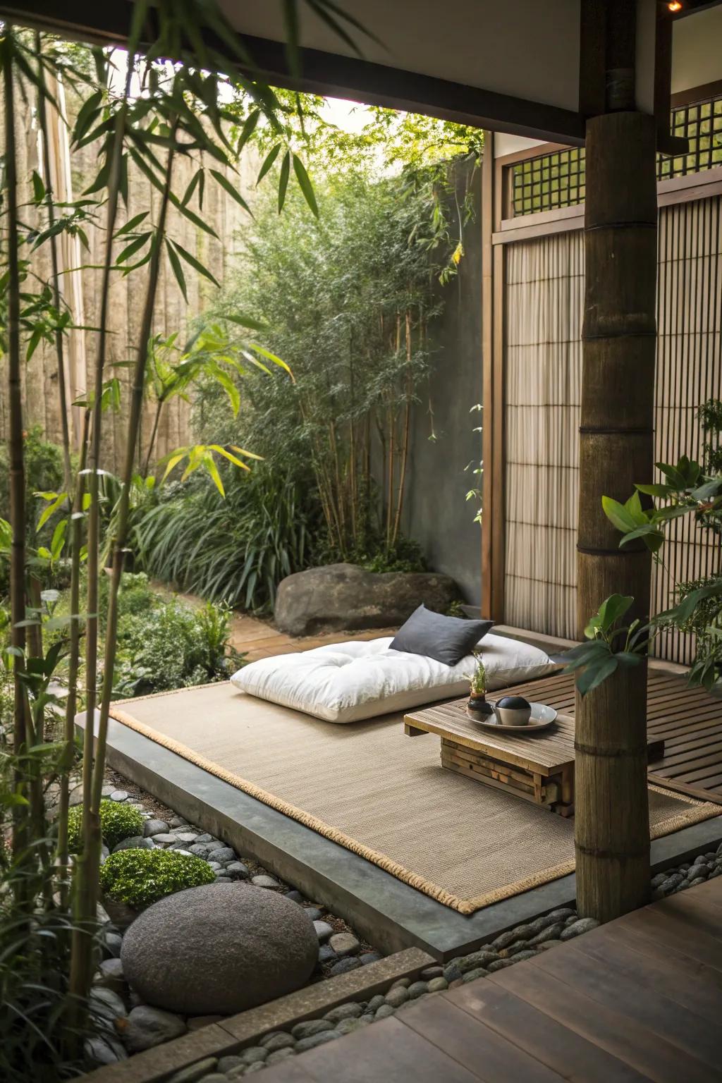 A meditation corner provides a tranquil escape within the garden.