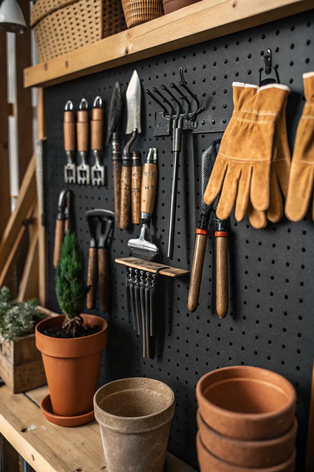 Transform your garage into an elegant Gardening Tool Storage station with a display board that blends style and functionality.