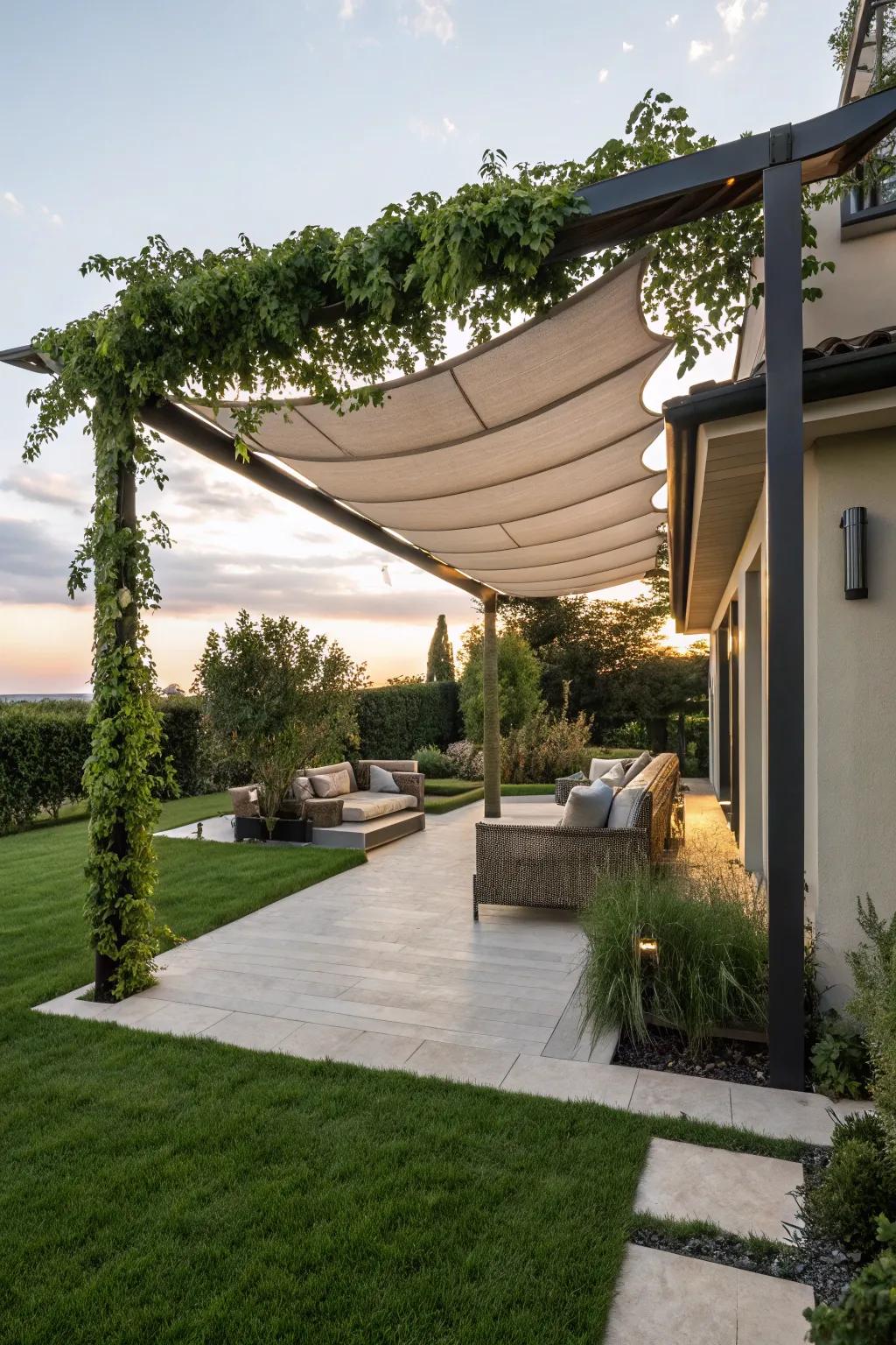 A fabric shade sail combines simplicity with elegance.