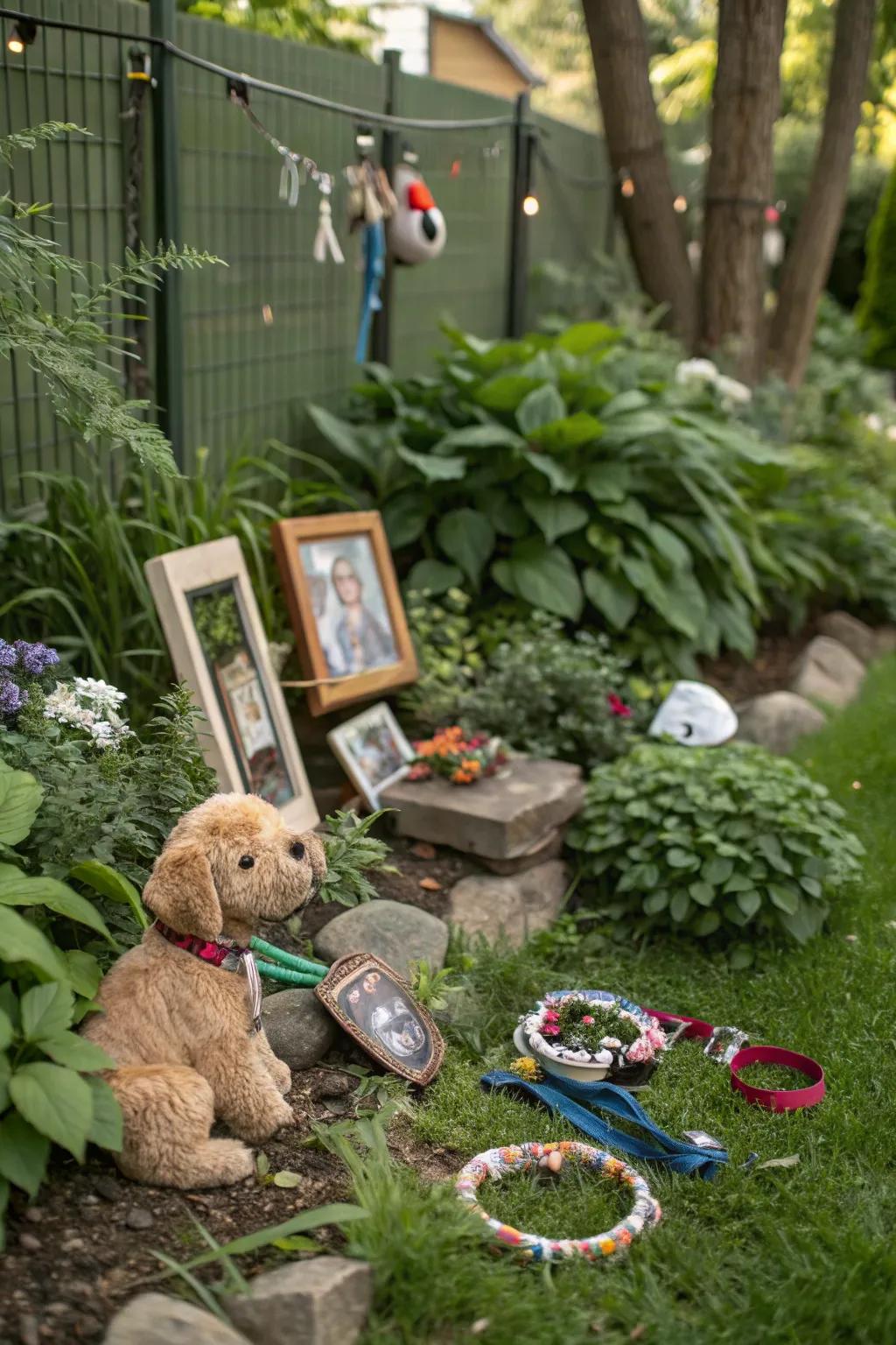 Meaningful memorabilia adds a personal touch to the pet memorial garden.