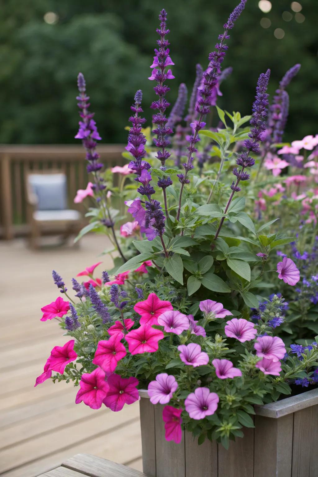 Skycandle's height incorporates vertical interest to dense petunias in vessels.