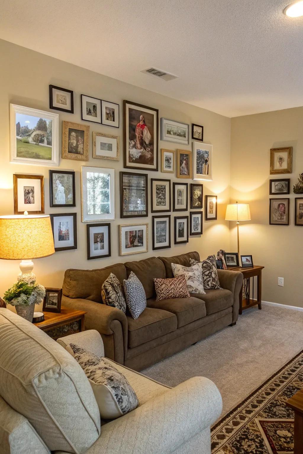 A selected frame wall can change your family room into a personal gallery.