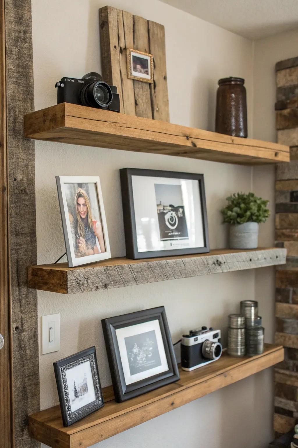 Picture shelves blending rustic and modern elements.