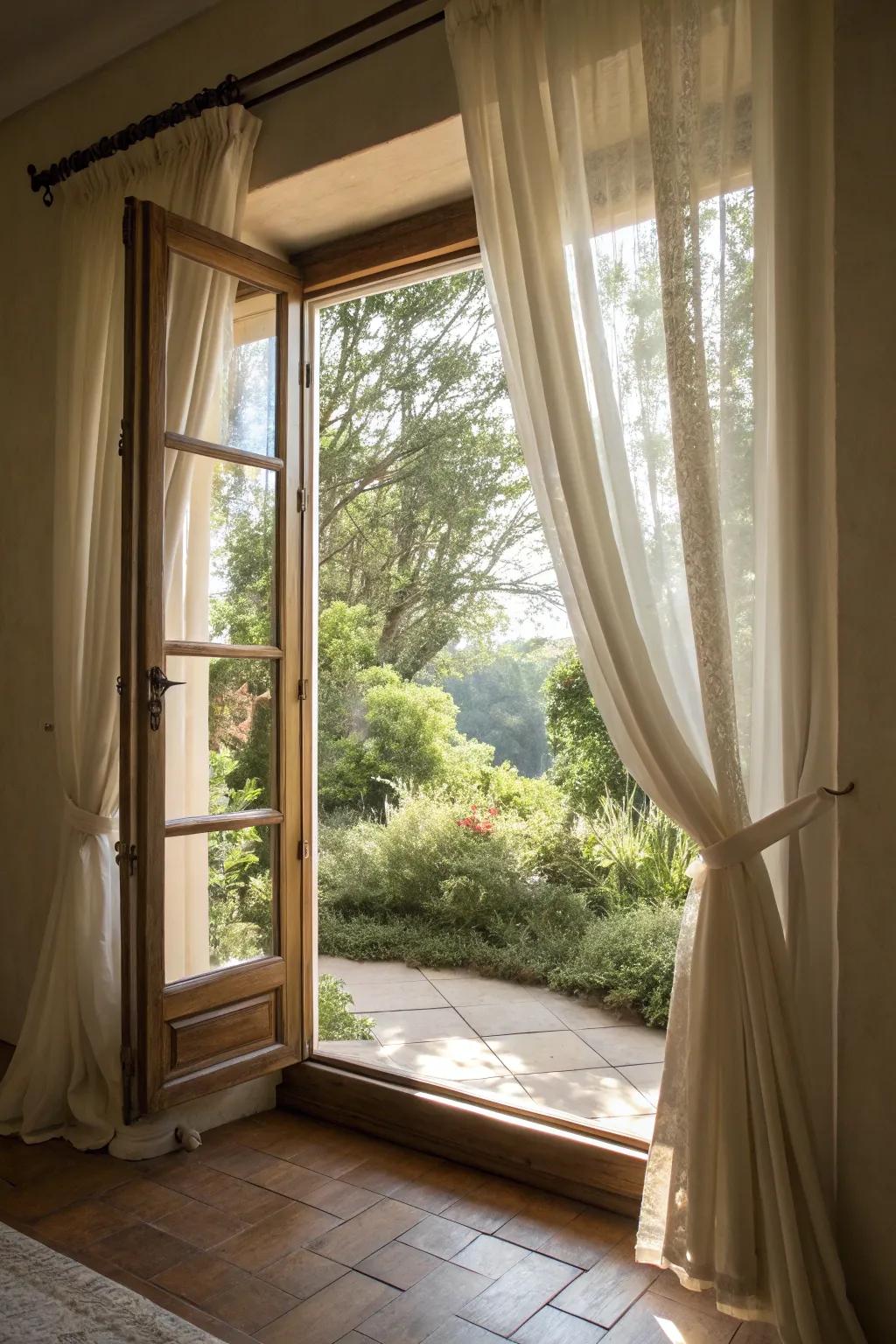 Light airy curtains facilitating a seamless indoor-outdoor flow by the picture window.