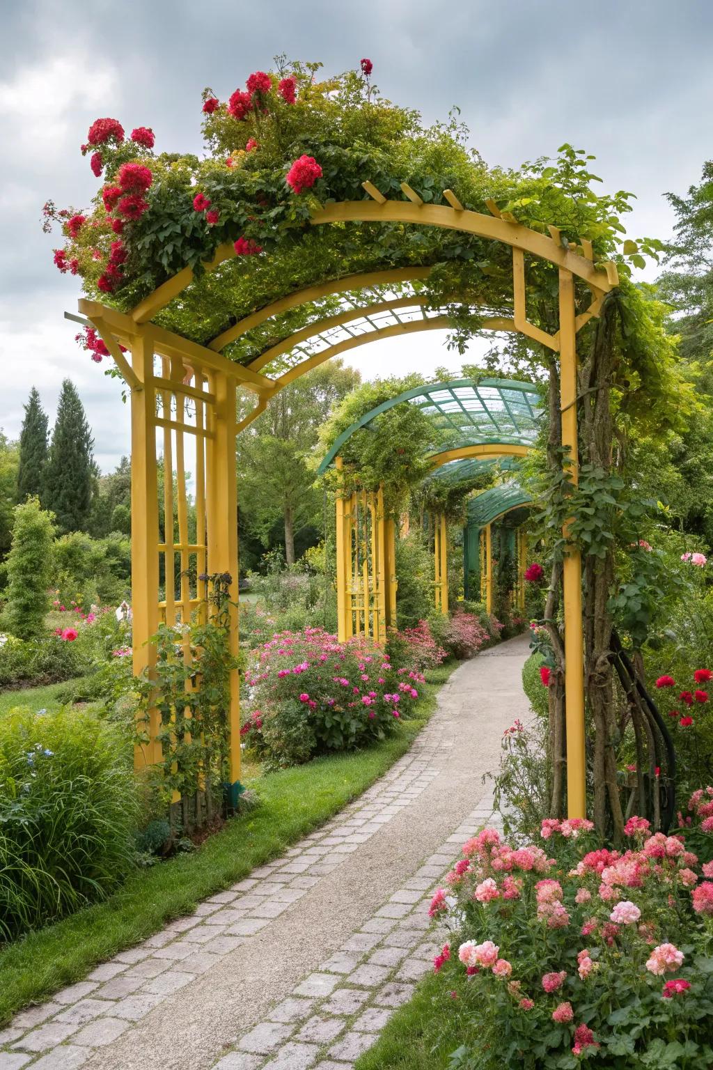 A vibrant arbor becomes a cheerful garden centerpiece.