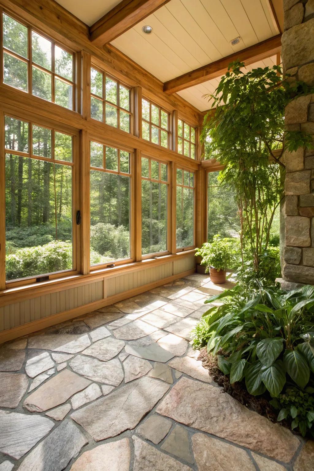 Original stone floors enhance the indoor-outdoor relationship within solariums.