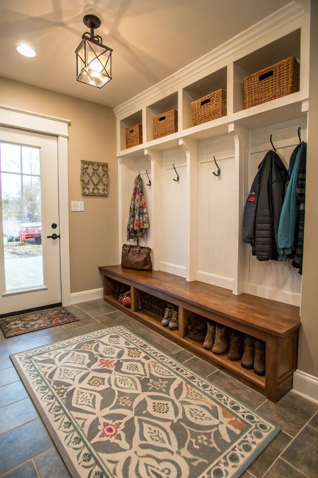 A simulated floor covering adds practicality and flair.