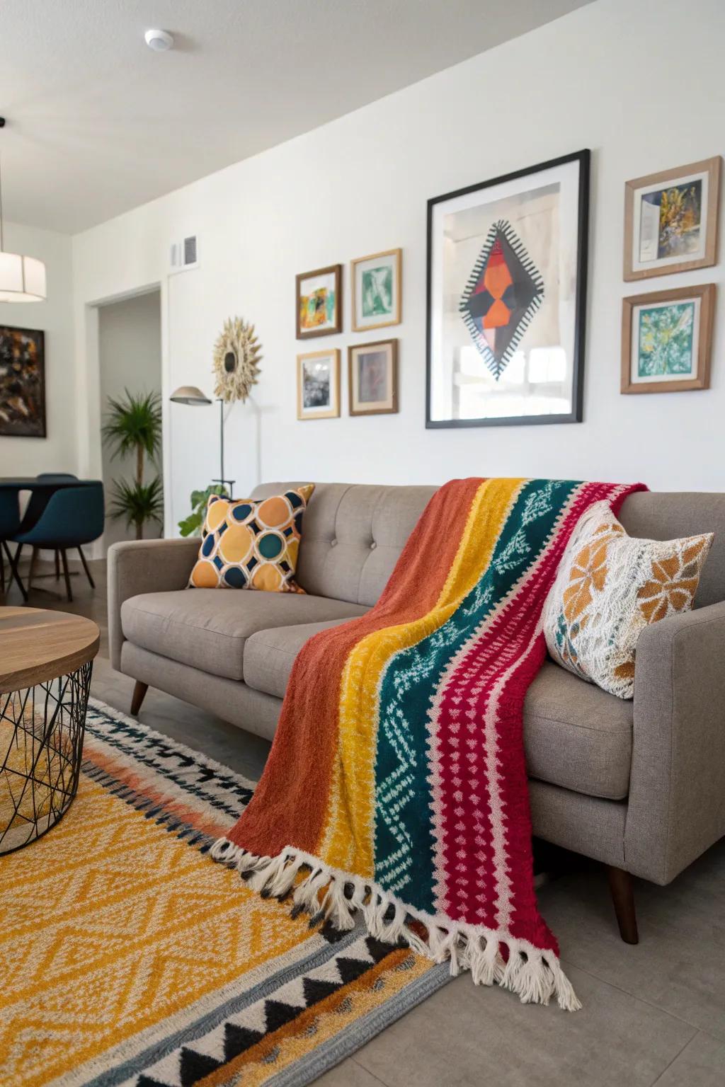 A striking throw functioning as an articulated piece on a sofa, infusing vibrancy into the space.
