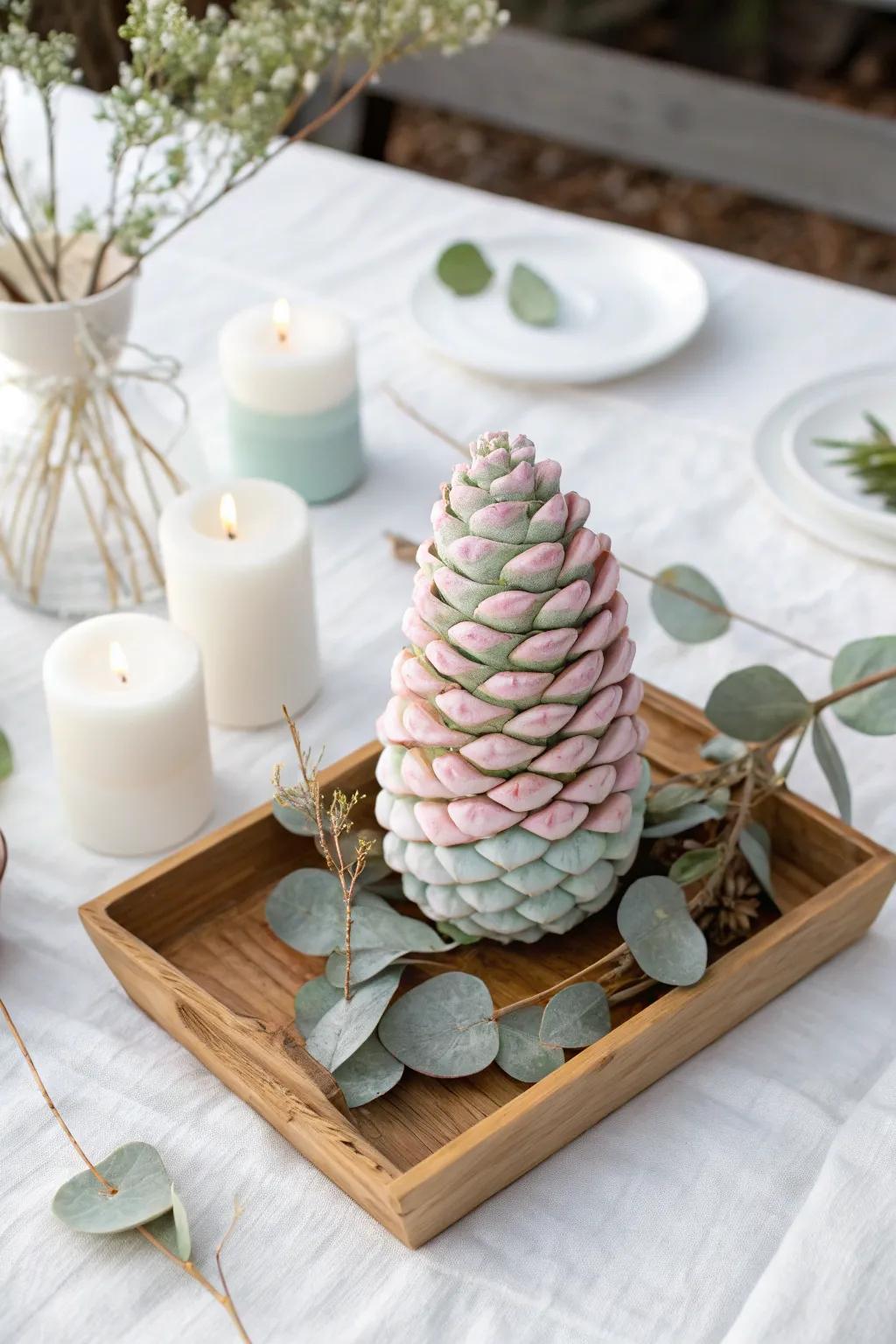 Embrace the beauty of simplicity with this pastel pinecone centerpiece, perfect for adding a touch of elegance to your table.
