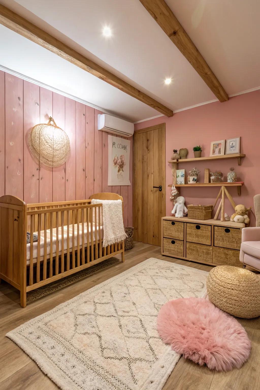 A cozy nursery that combines a rustic pink wall with accents of timber.