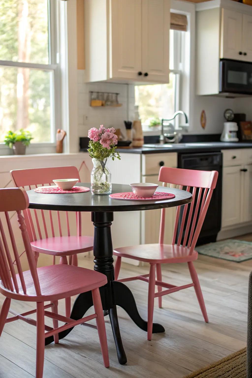 A harmonious dining space enhances the kitchen's color scheme.