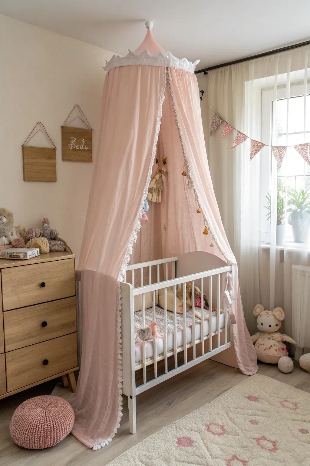 An enchanting canopy provides a fairy-tale charm to the cot.