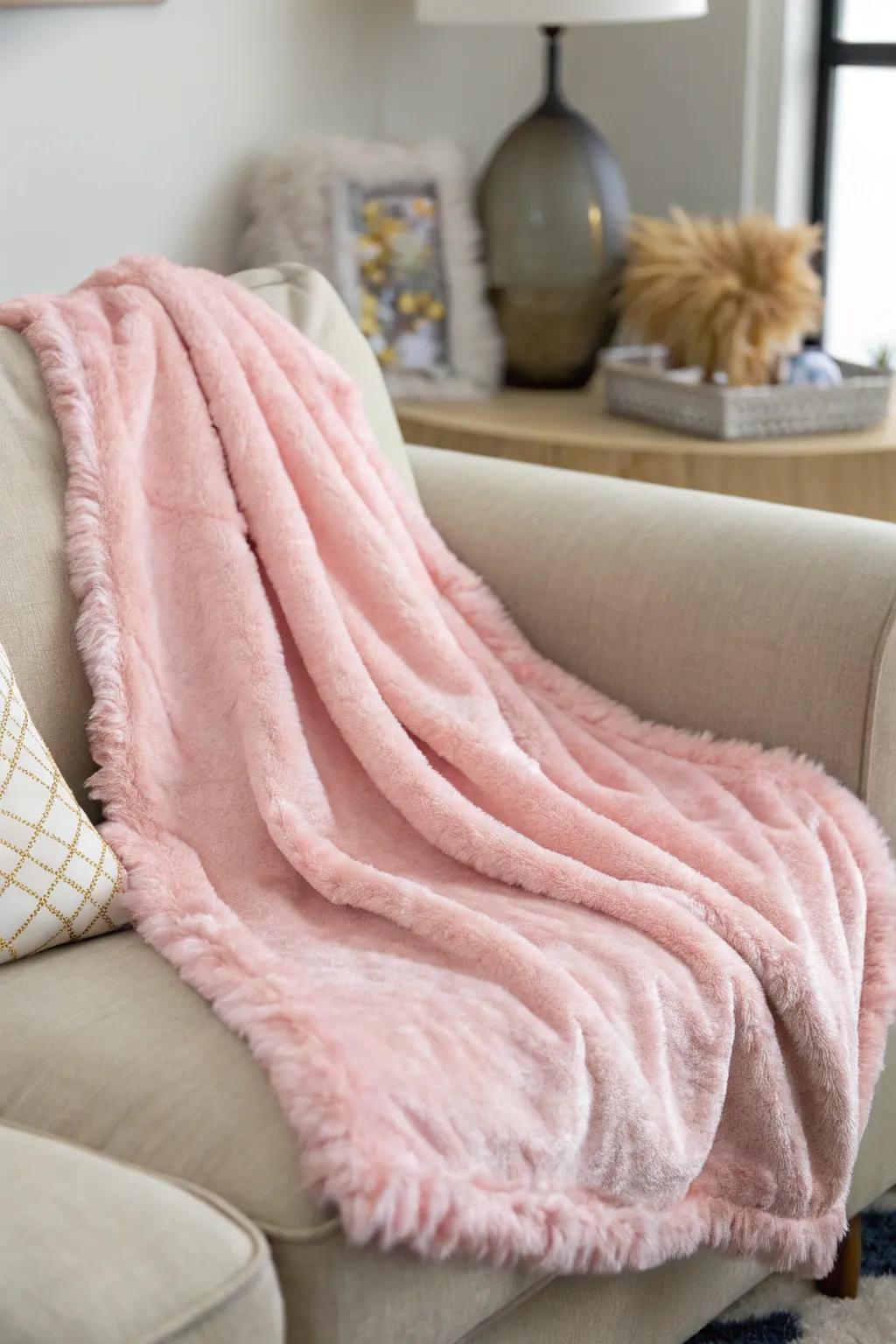 Soft textures in rose establish a cozy atmosphere.