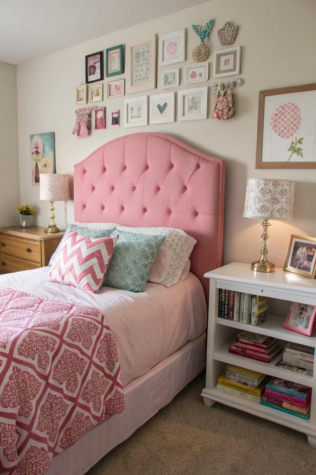 A personalized and charming bedroom with a DIY pink upholstered panel headboard.