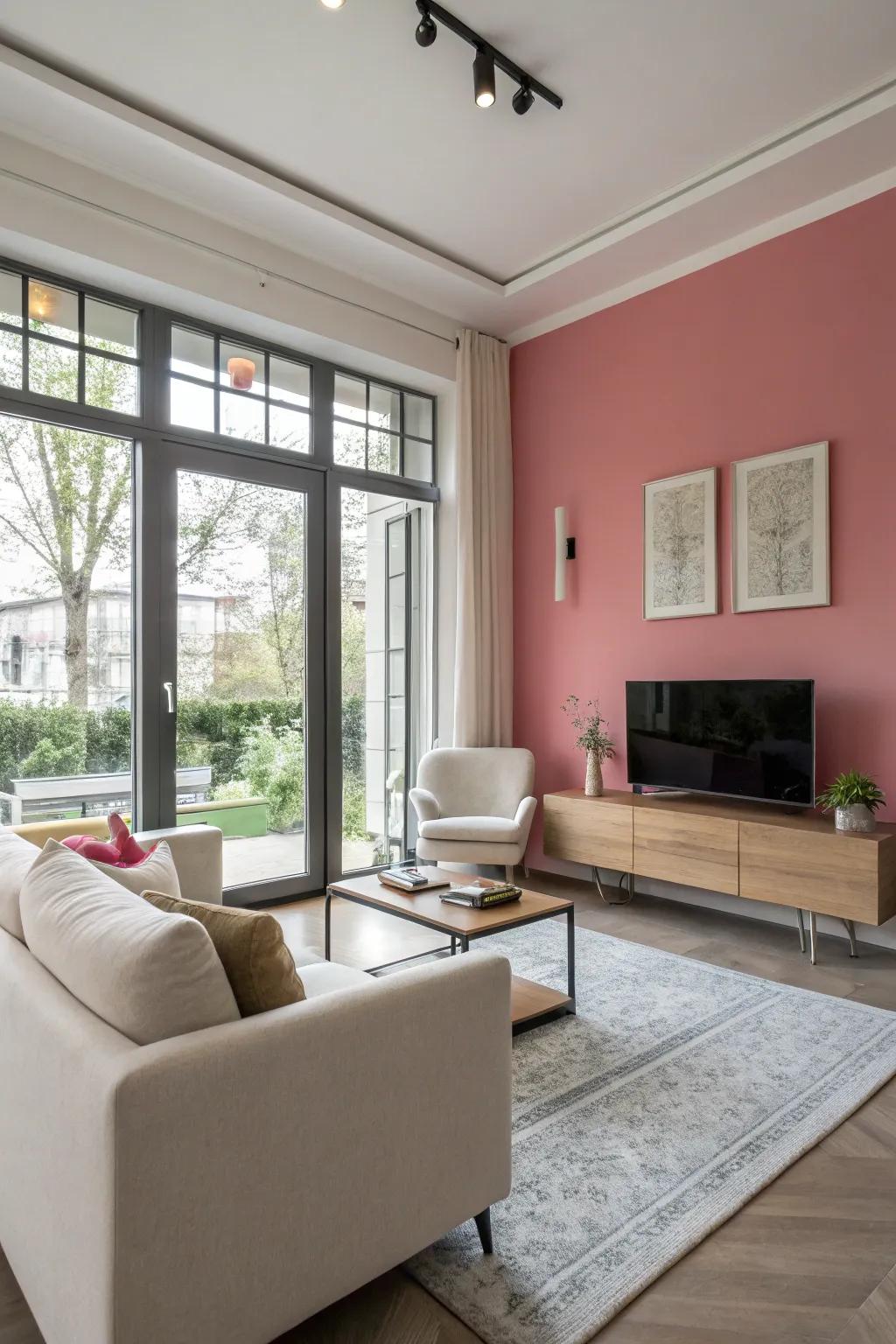 A pink accent wall provides a strategic focal point.