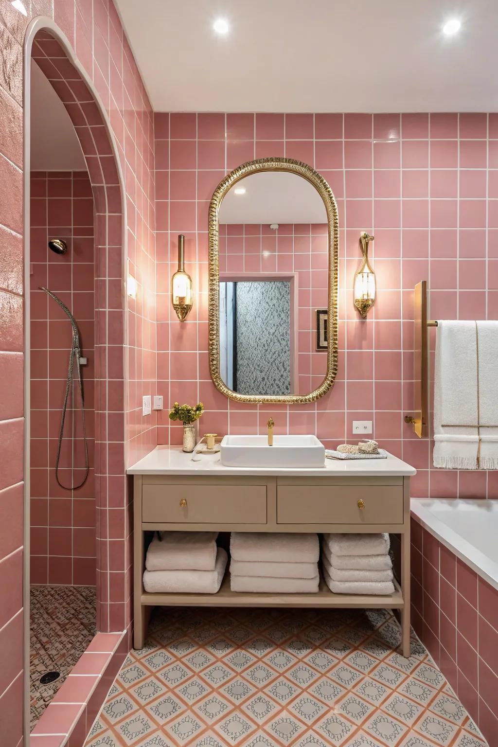 Practical decor components in harmony with rose-tinted tiles.