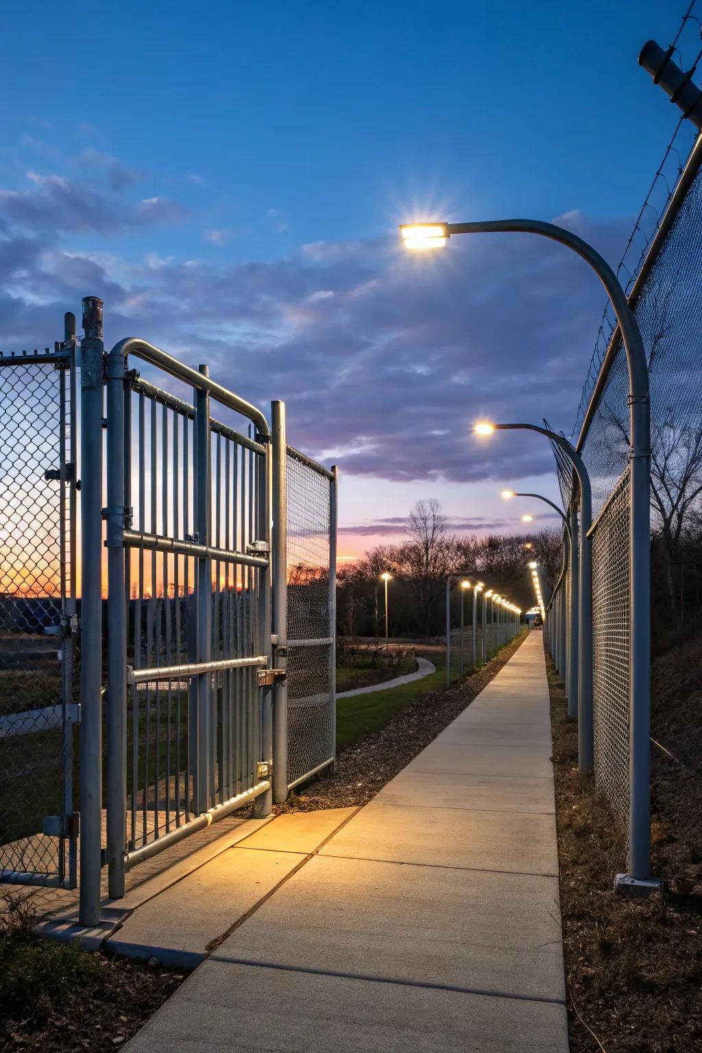 Solar lights create a welcoming glow at night.