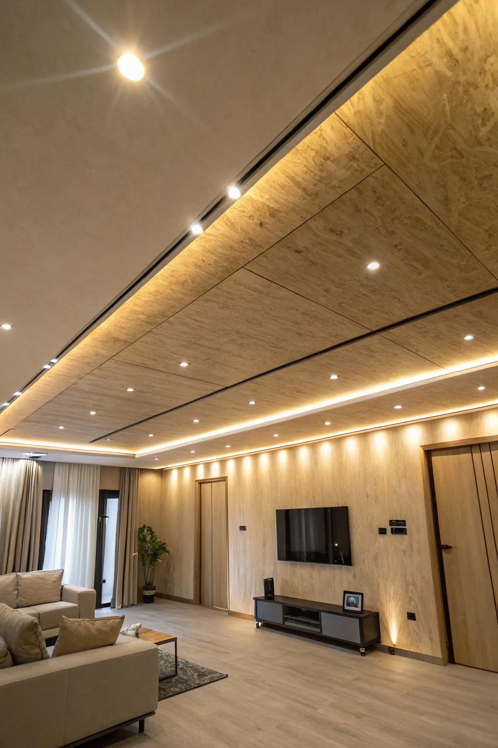 A contemporary space featuring hidden lighting, enhancing a stylish plywood ceiling.