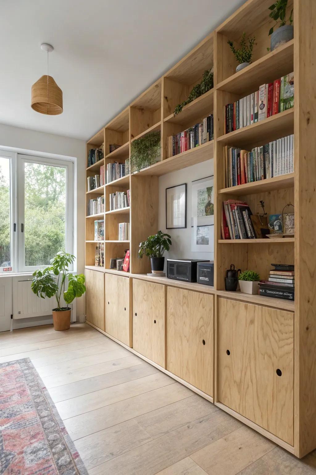 Innovative laminated wood storage solutions enhance room functionality.