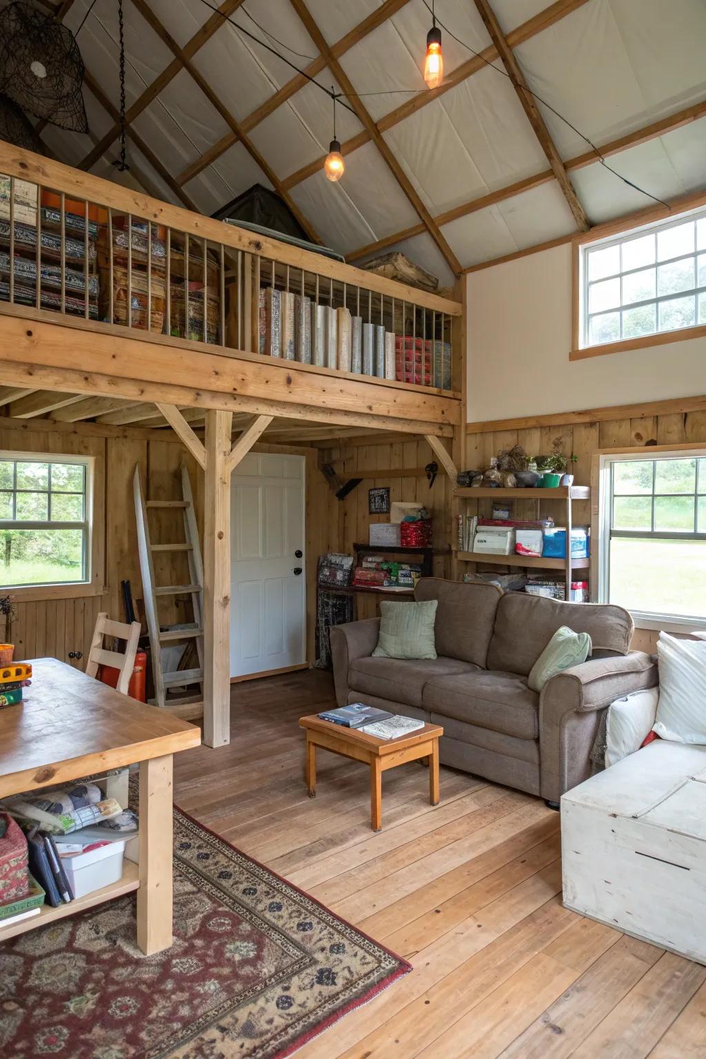 A raised section inside a pole barn utilized for both storage and relaxation.