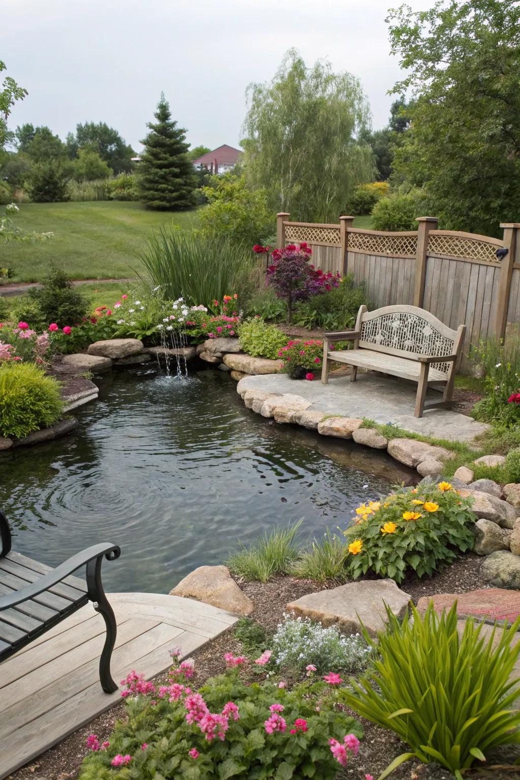 A relaxing seating area situated by a backyard pond.
