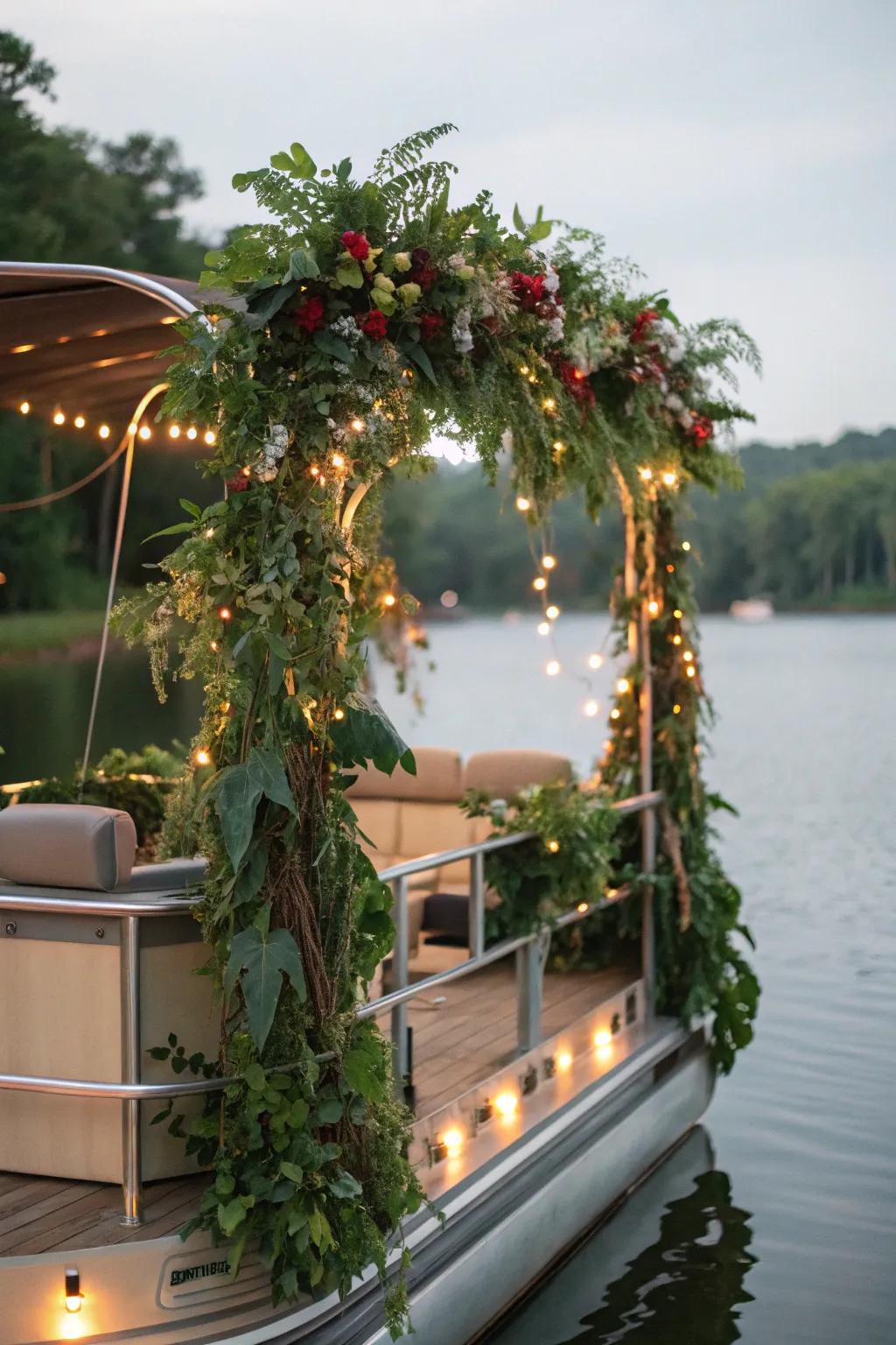 An enchanted forest-themed pontoon with lush greenery and twinkling lights.