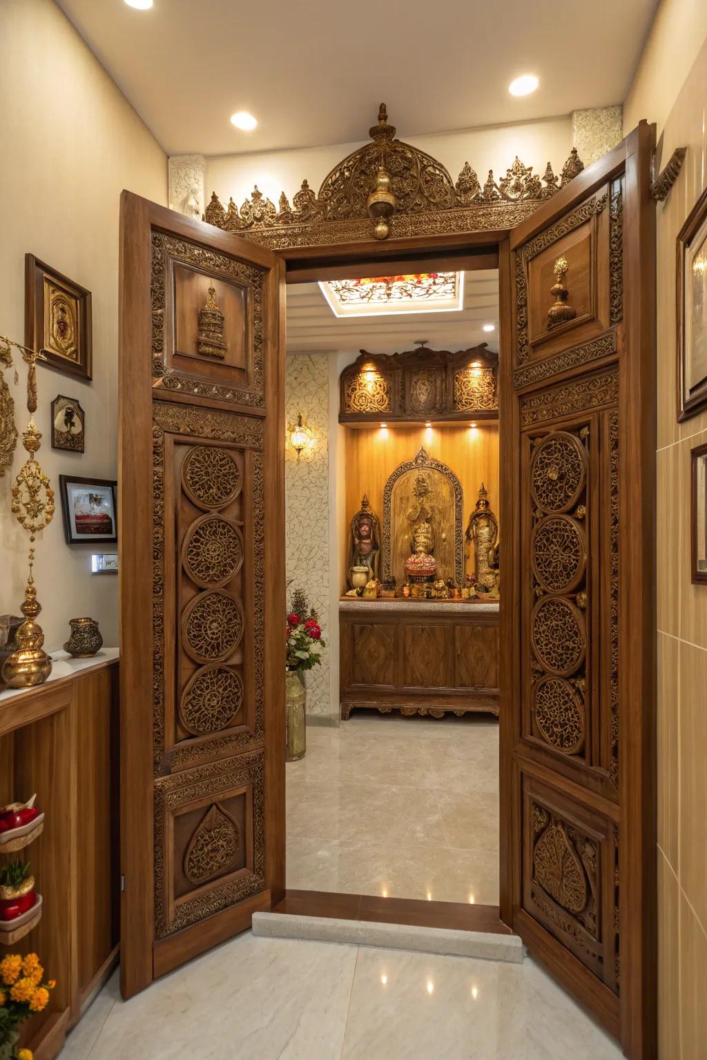 Decorated doors invite you into the sacred atmosphere of this pooja room.