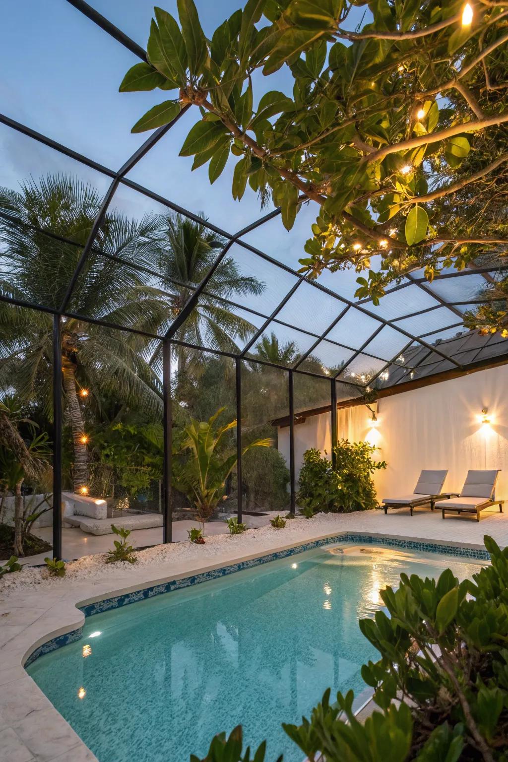 Lighting that evokes a tropical resort in your pool cage.
