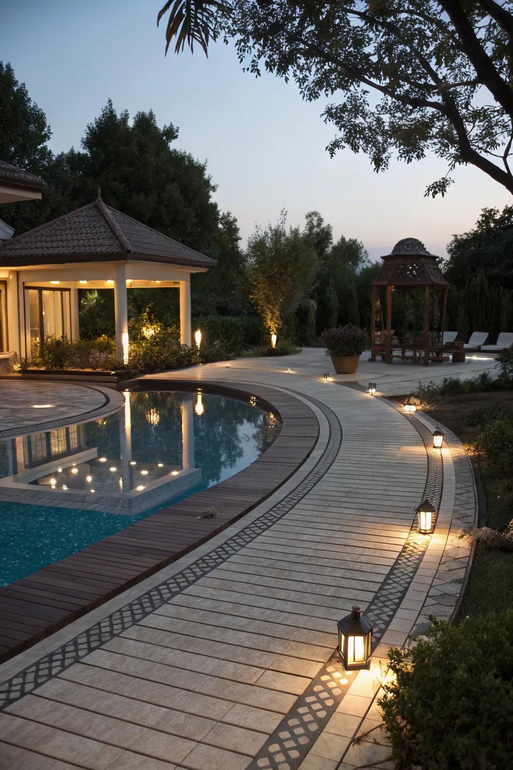 Ambient lighting elevates the poolside setting after dark.