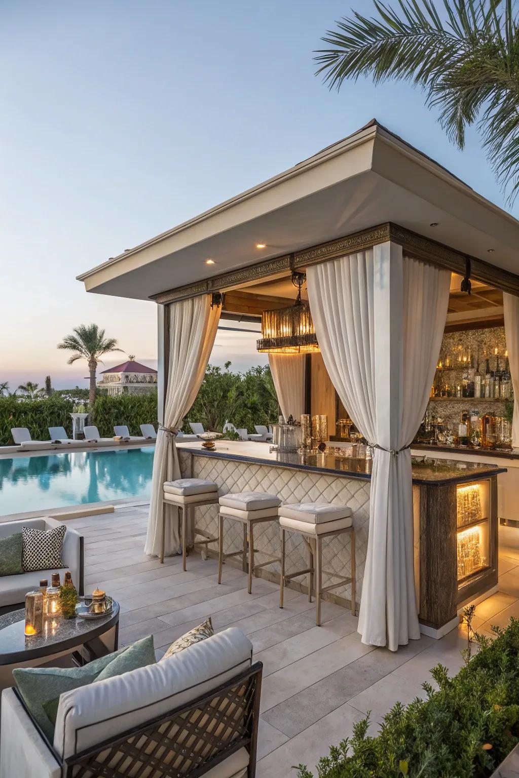 A lounge with a bar provides a personal sanctuary by the pool.