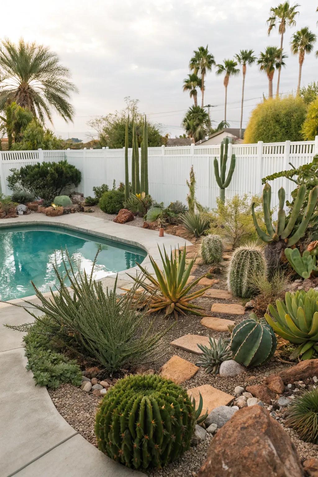 Craft a unique dryscape feel with low-maintenance thriving greens around your pool.