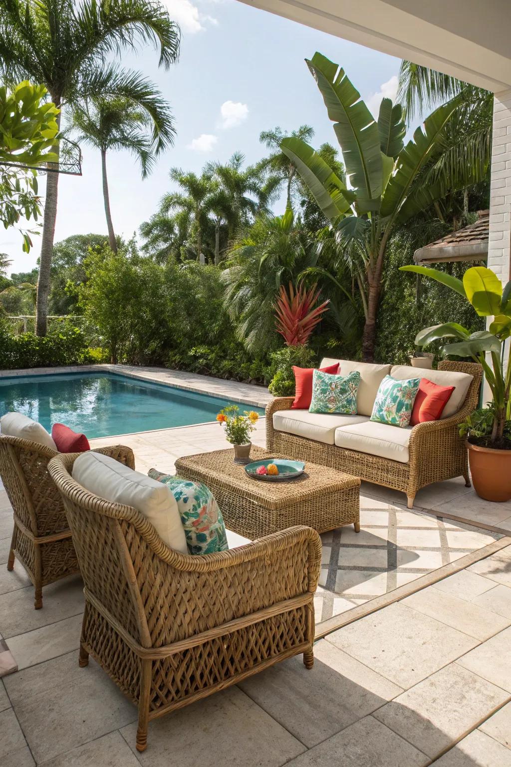 Accept a tropical aesthetic with charming plaited furniture.