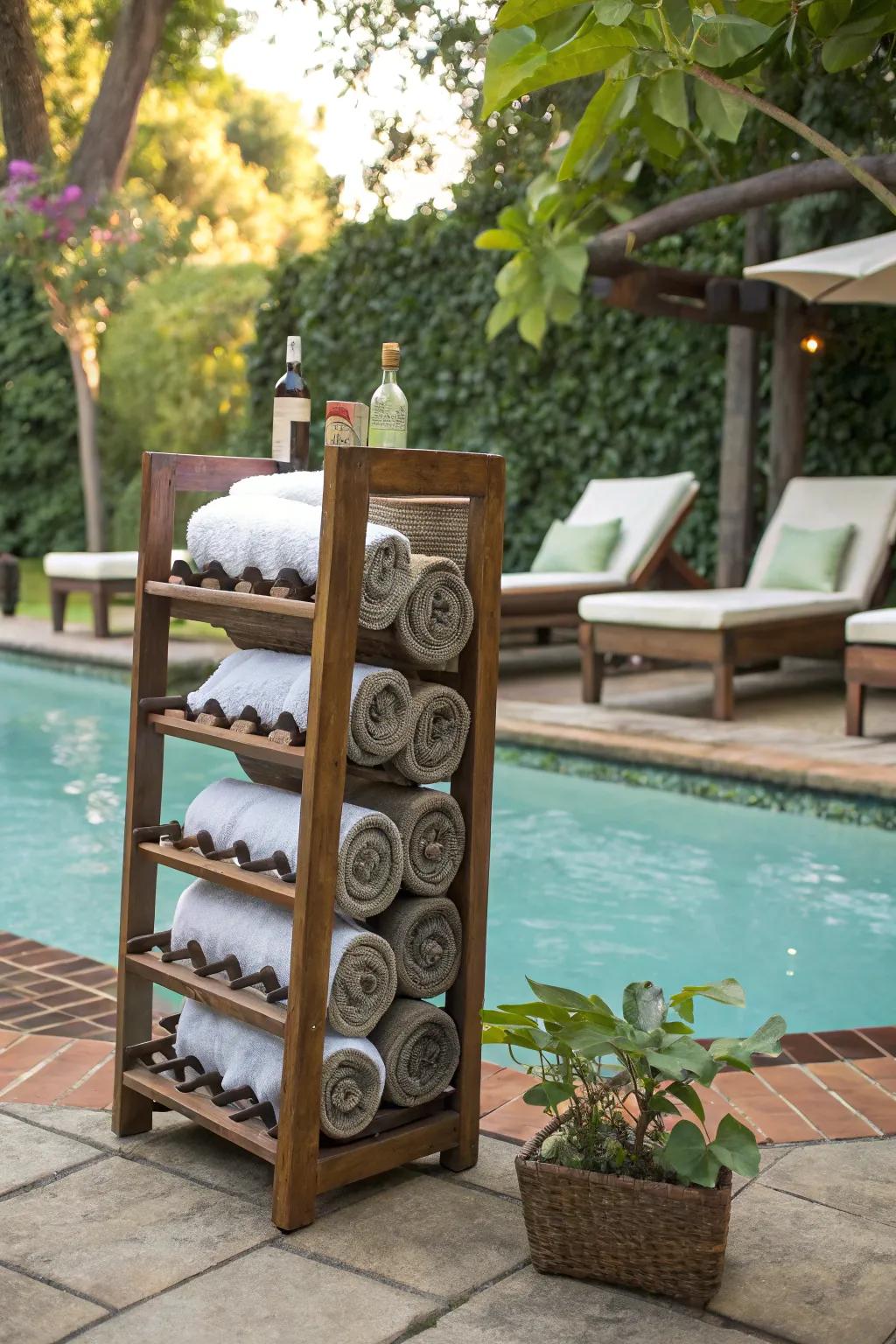 Upcycled wine rack for a unique towel storage solution.