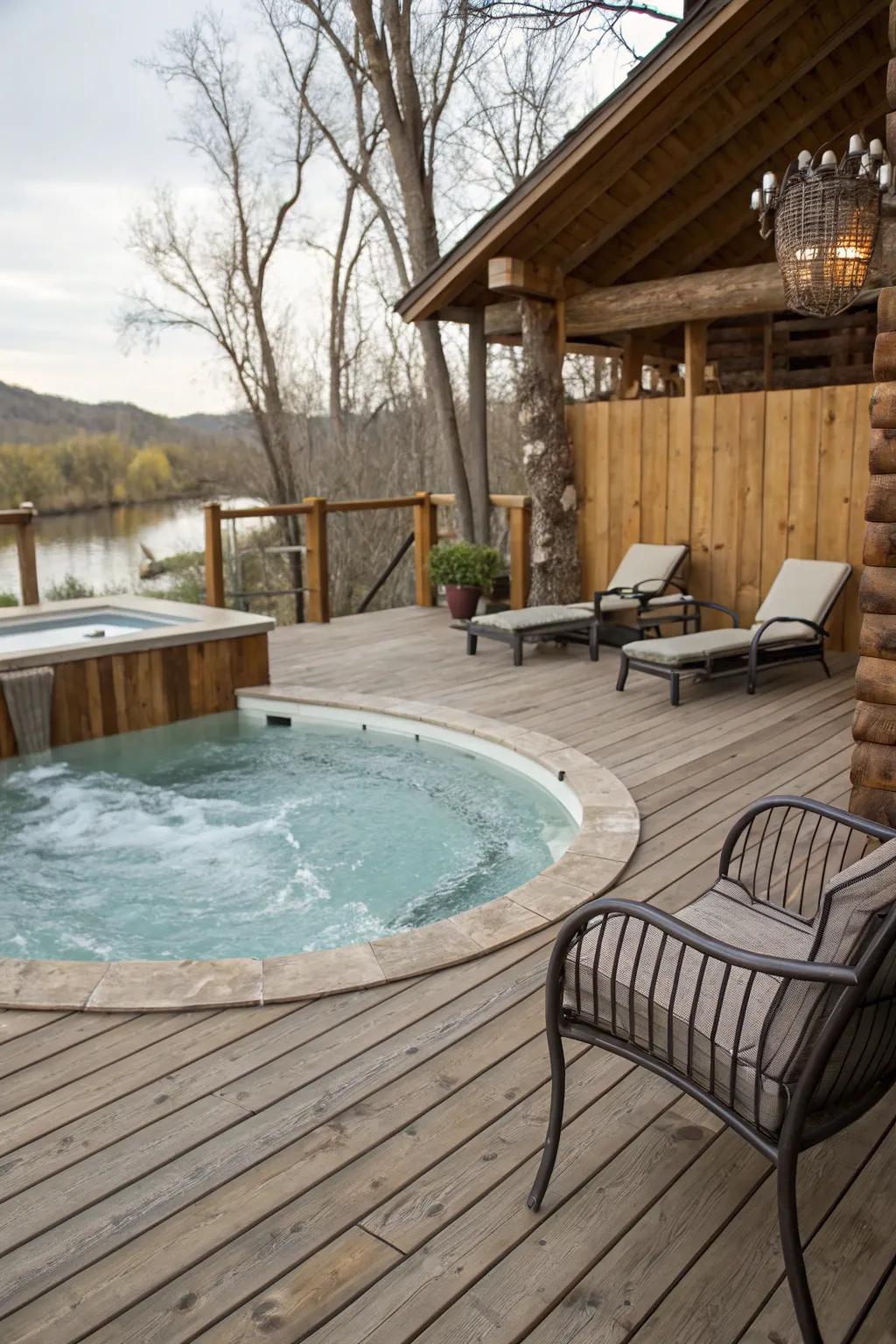 Country wood decking introduces warmth and allure to your pool and hot tub.
