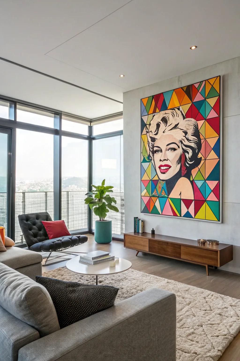 A striking pop art painting with a vibrant geometric patterned background.