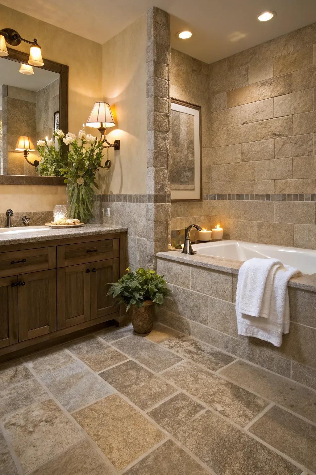 Stone-look porcelain tiles foster a peaceful, spa-like ambiance in this serene bathroom.