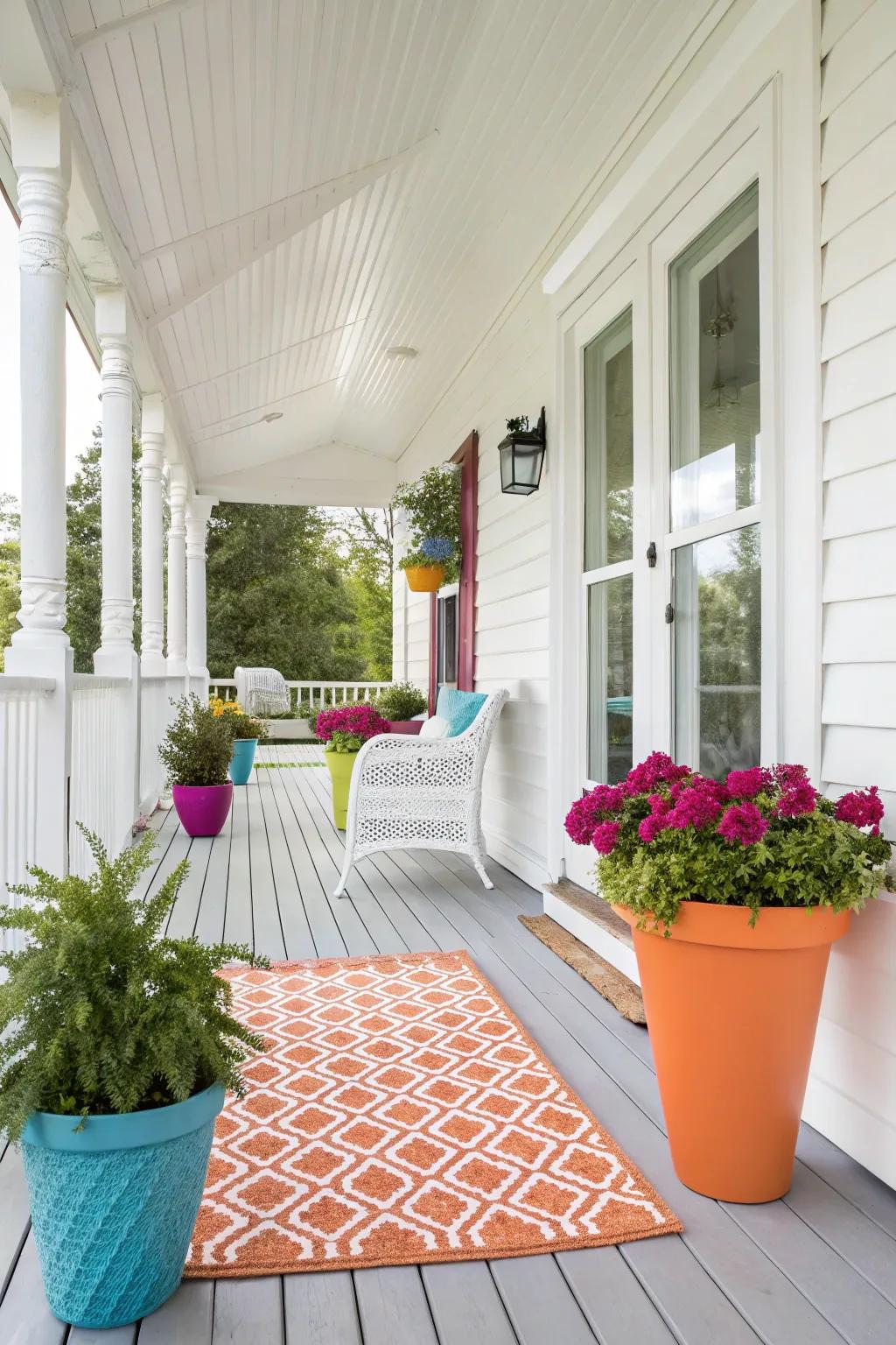 A timeless white porch with vibrant highlights that introduce a personal touch.