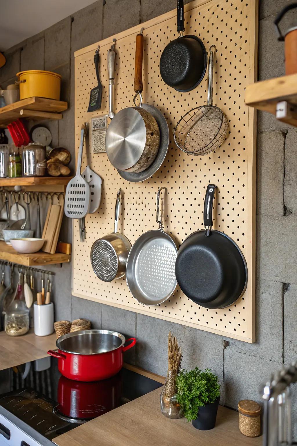 A pegboard adds versatility and style to how you store your pots and pans.