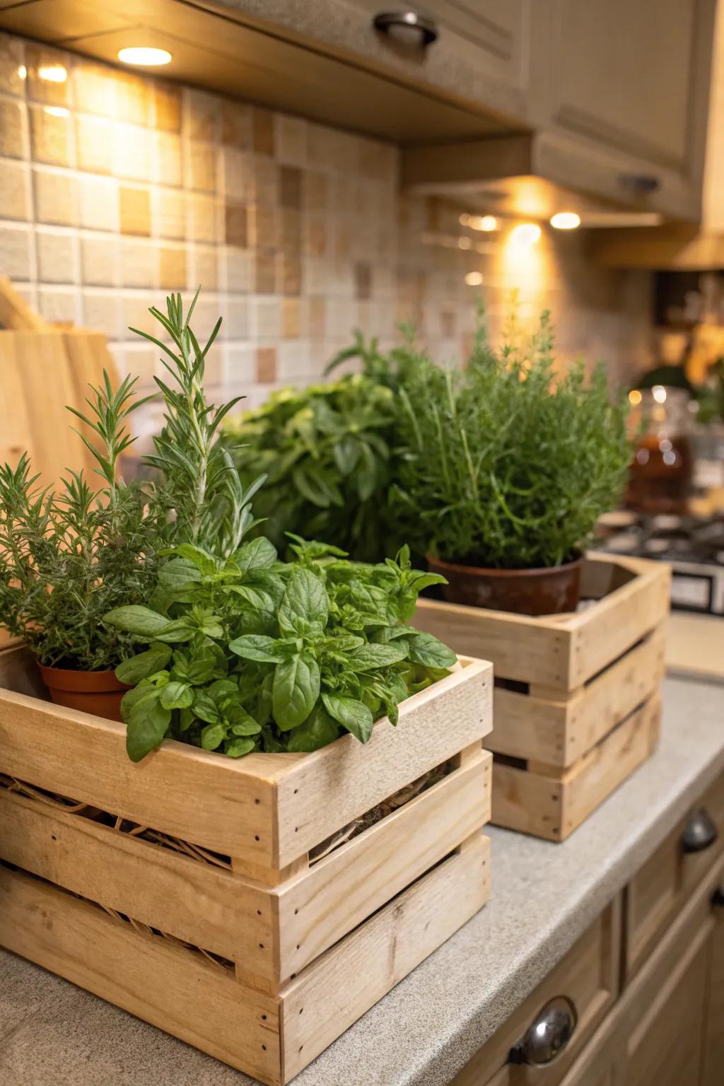 Wooden crates filled with herbs add rustic charm.