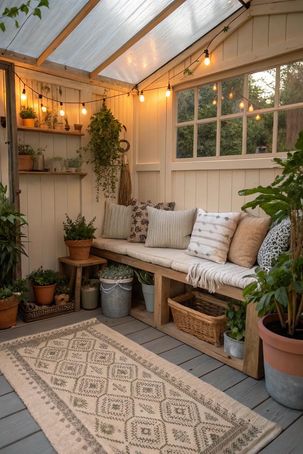 A potting shed featuring cozy comfort elements.