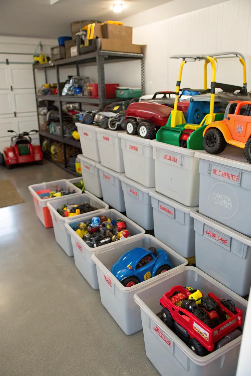 Transportable storage crates for organizing smaller electric ride-ons.