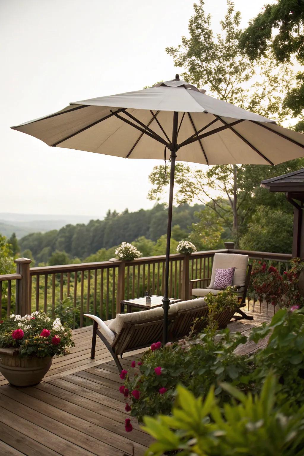 A spacious parasol delivers adaptable shade and solitude to a deck.