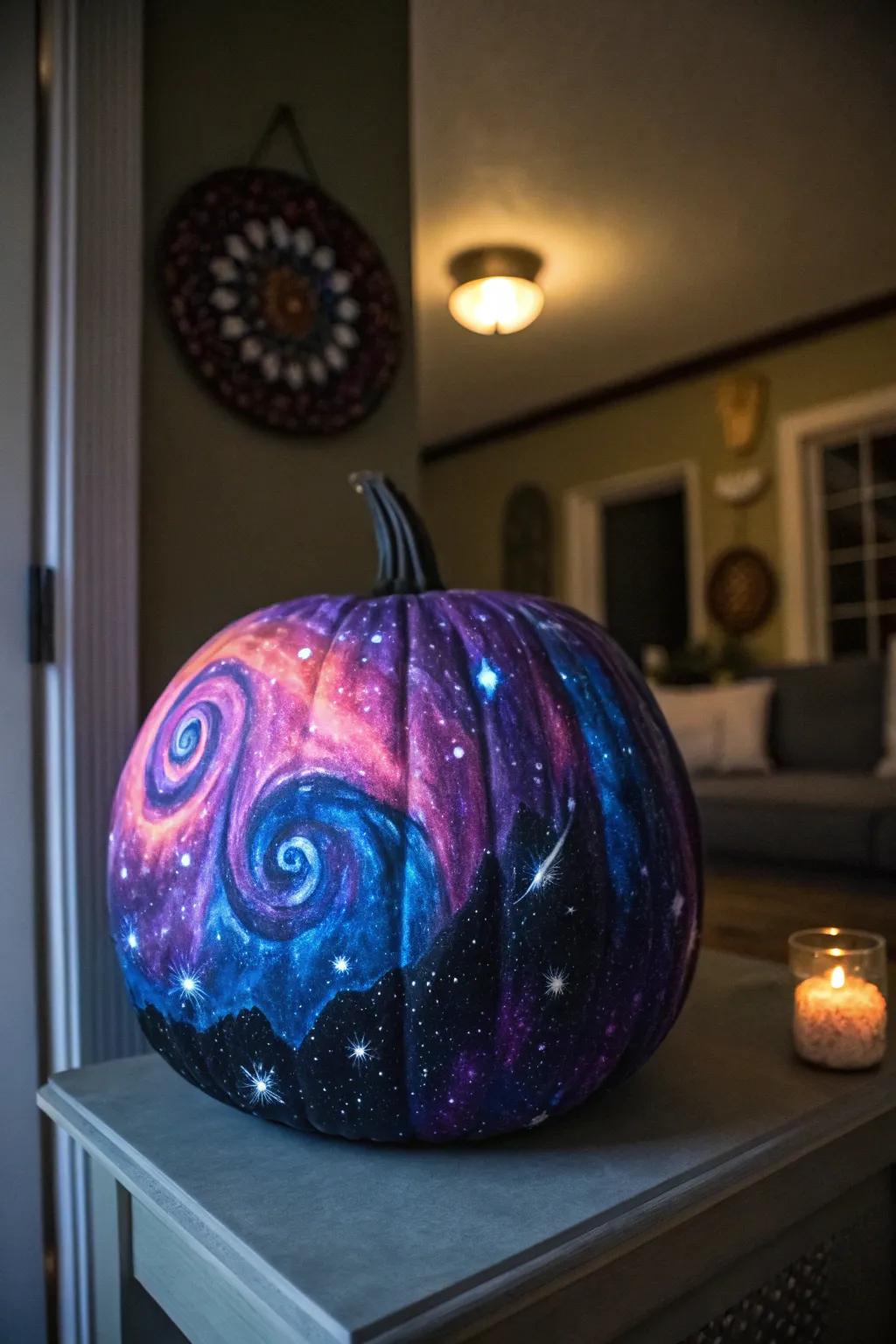 Transform your pumpkin into its own universe through cosmic designs.
