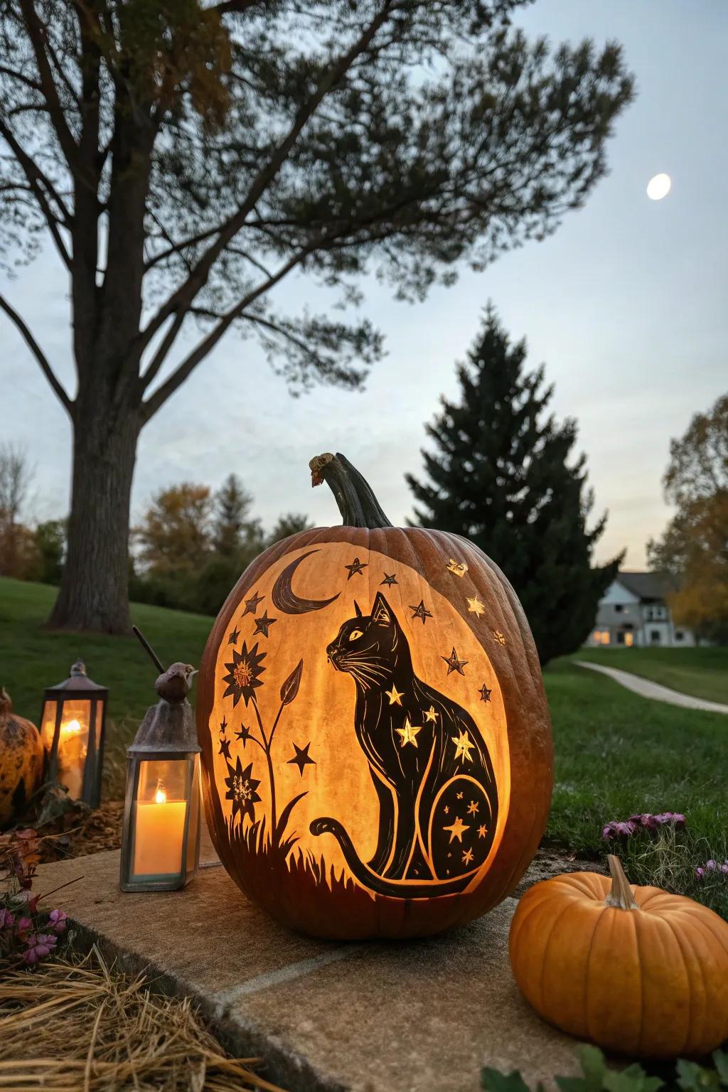 Enchanting moon cat pumpkin for a hint of charm.